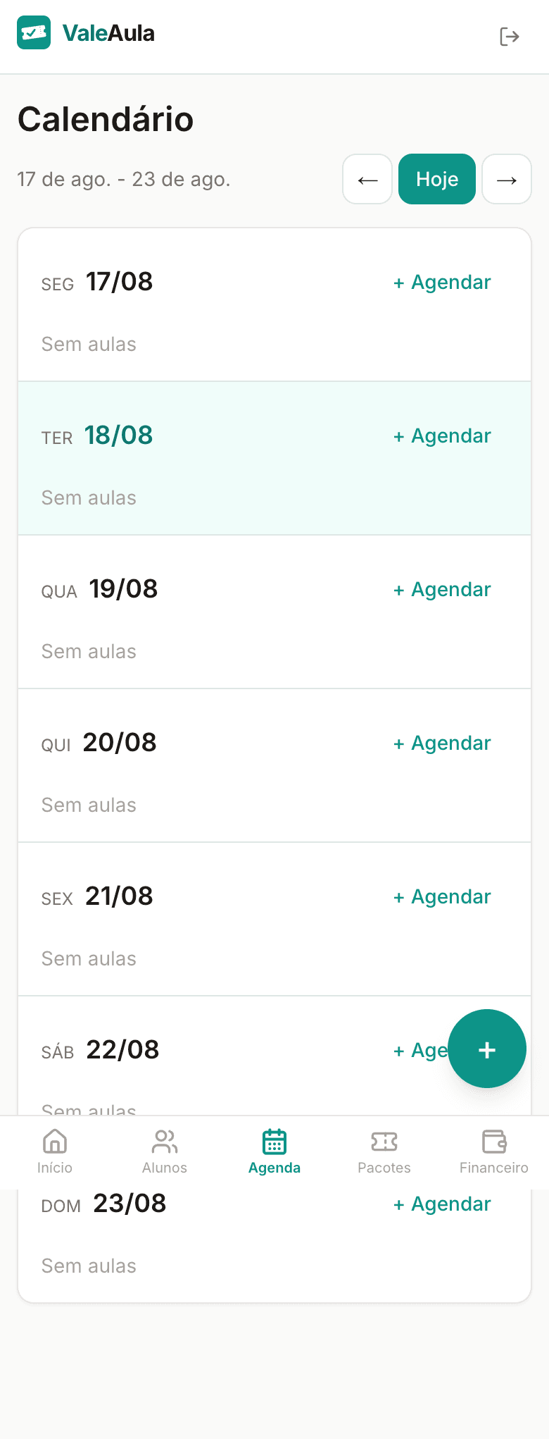 Agenda semanal do ValeAula com aulas marcadas